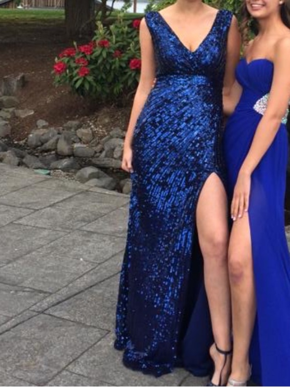 Mac Duggal Navy Blue Sequin V-Neck Gown with Thigh Slit